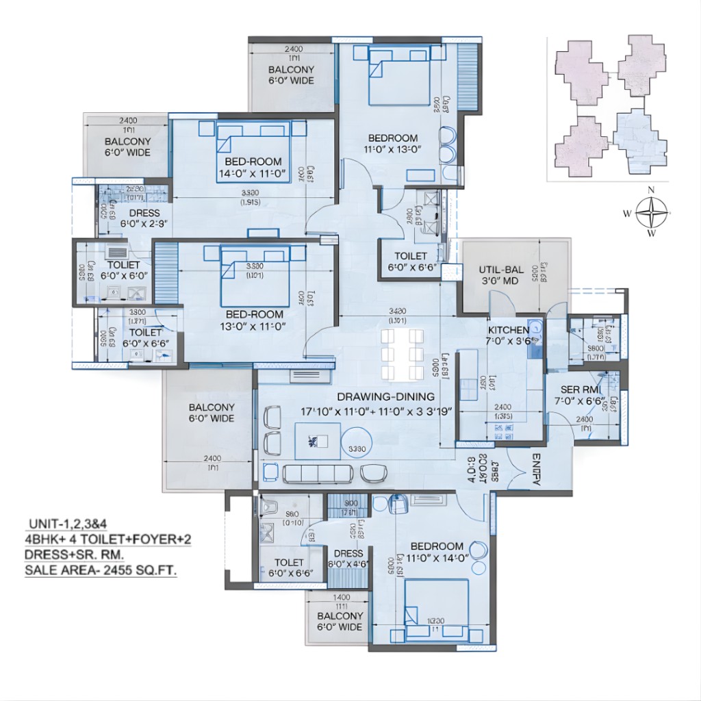 Apex Rosario 4 BHK floor plan approximately 2455 sq ft with foyer two dress and servant