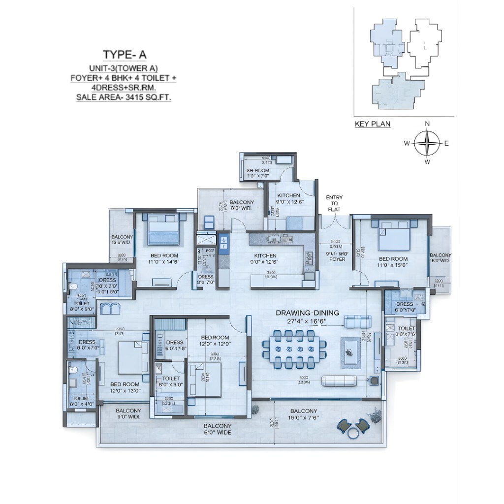 Apex Rosario Type A 4 BHK floor plan approximately 3415 sq ft Tower A Unit 3