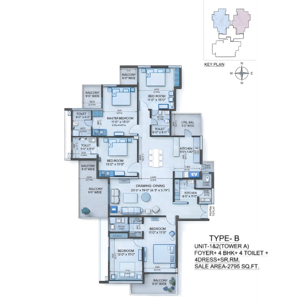Apex Rosario Type B 4 BHK floor plan approximately 2795 sq ft Tower A Units 1 and 2